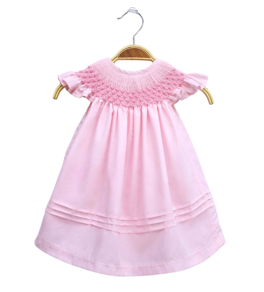 Simple Smocked Pattern Baby Pink Dress For Girls