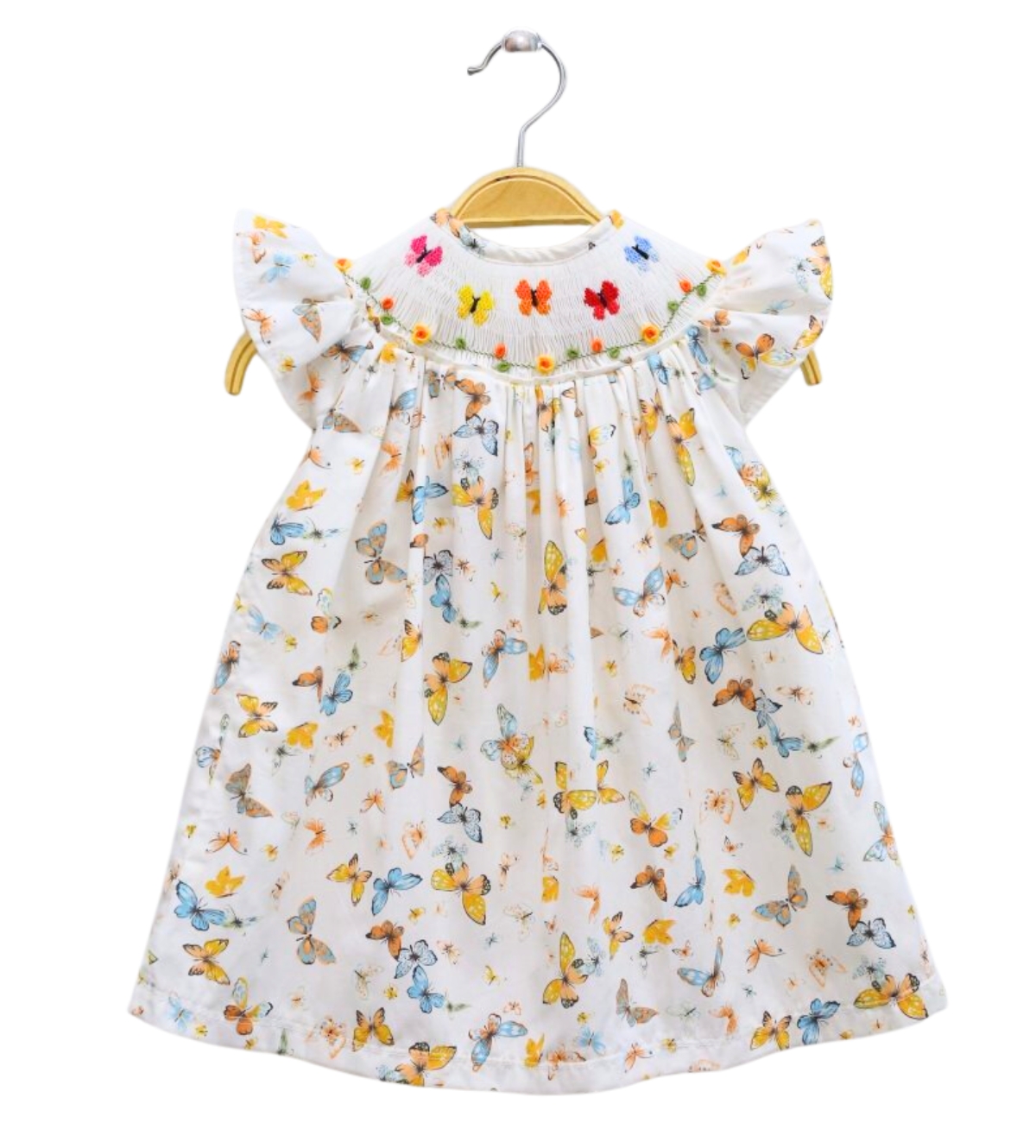 White Smocking Dress With Butterfly Pattern