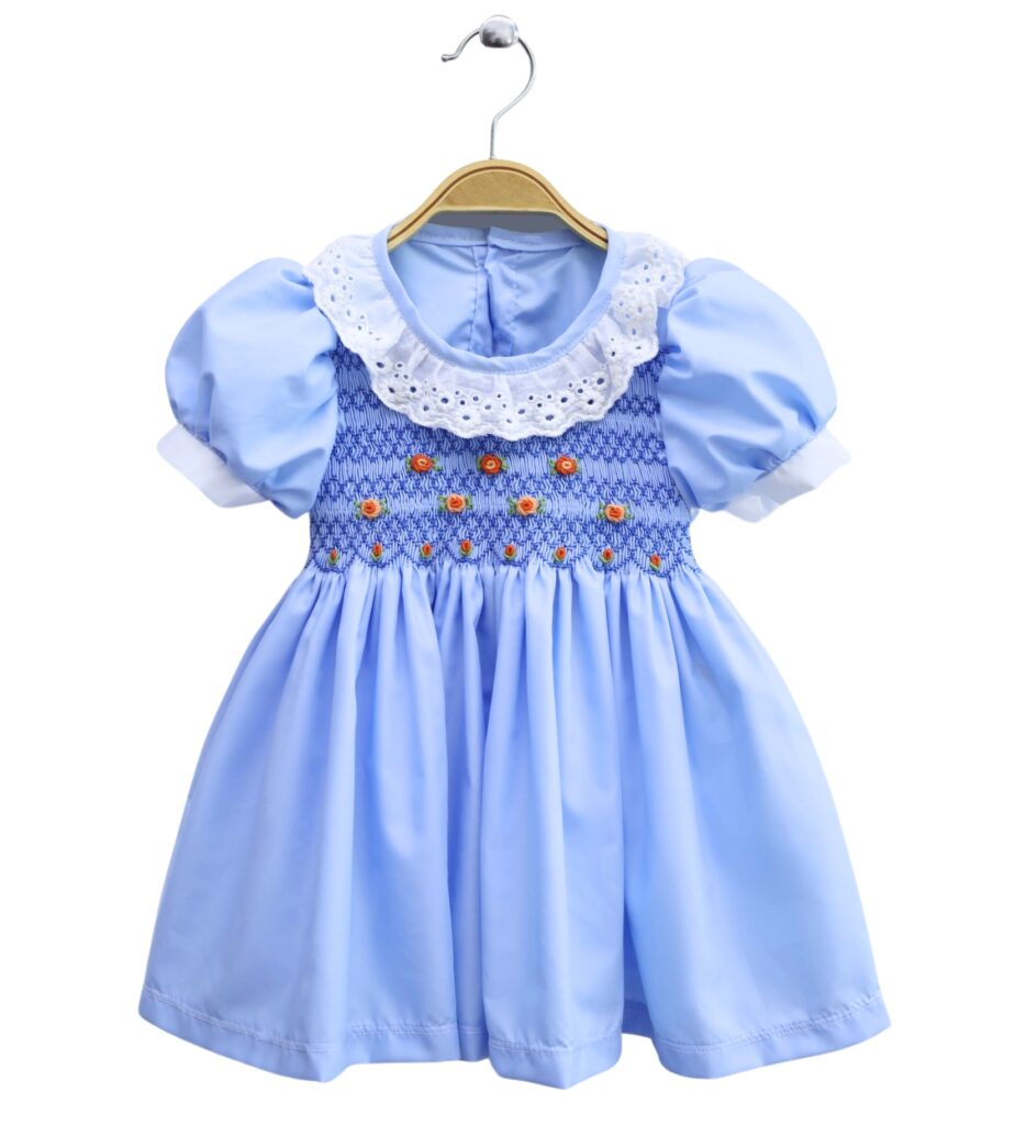 Blue Smocking Dress With Princess Sleeves For Girls