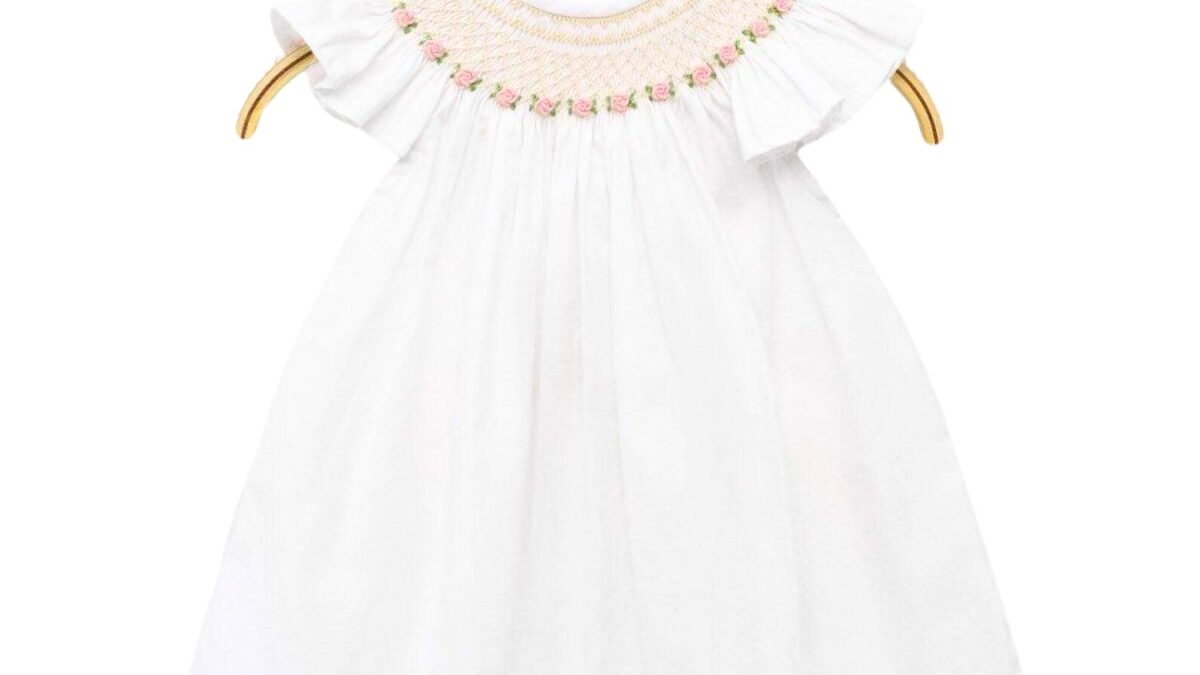 white embroidered smock dress MainGRL White And Pink Floral Embroidered Mini Dress With Pockets,Summer Modest Holiday Picnic Cottagecore Square Neck Puff Sleeve Smock Dresses