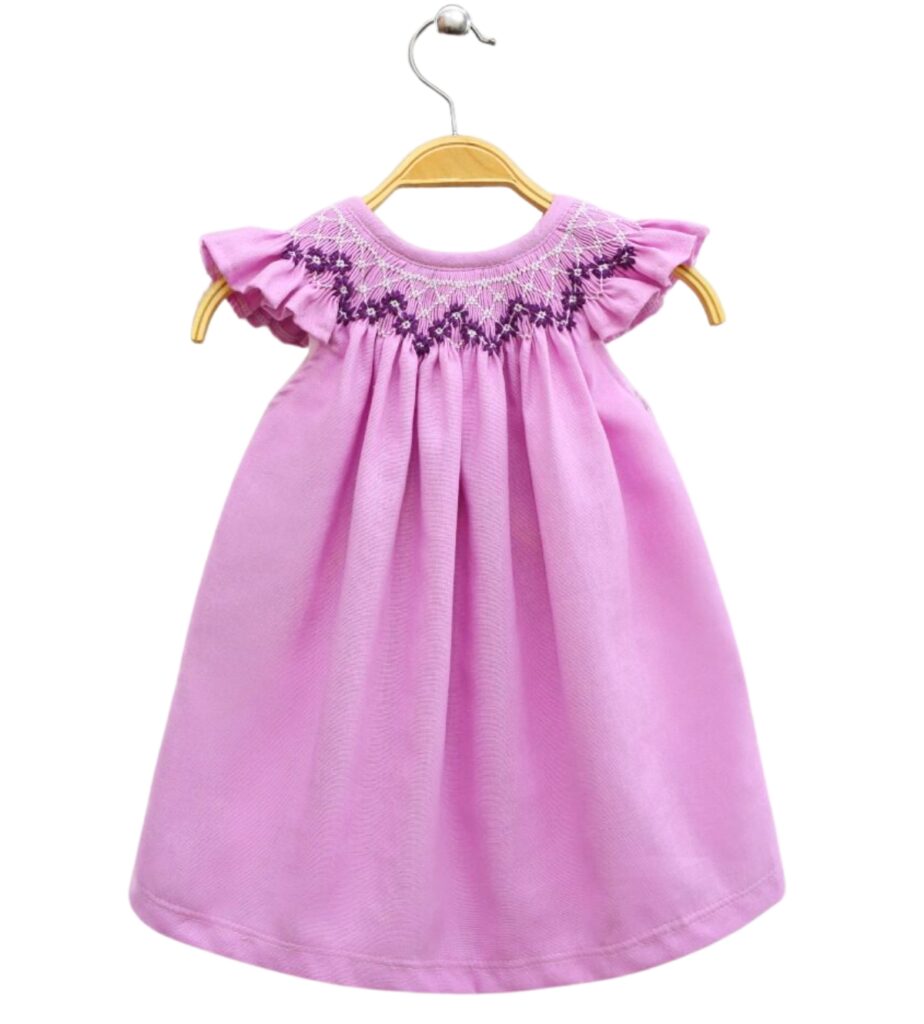 Simple Smock Embroidered Pink Dress For Girls