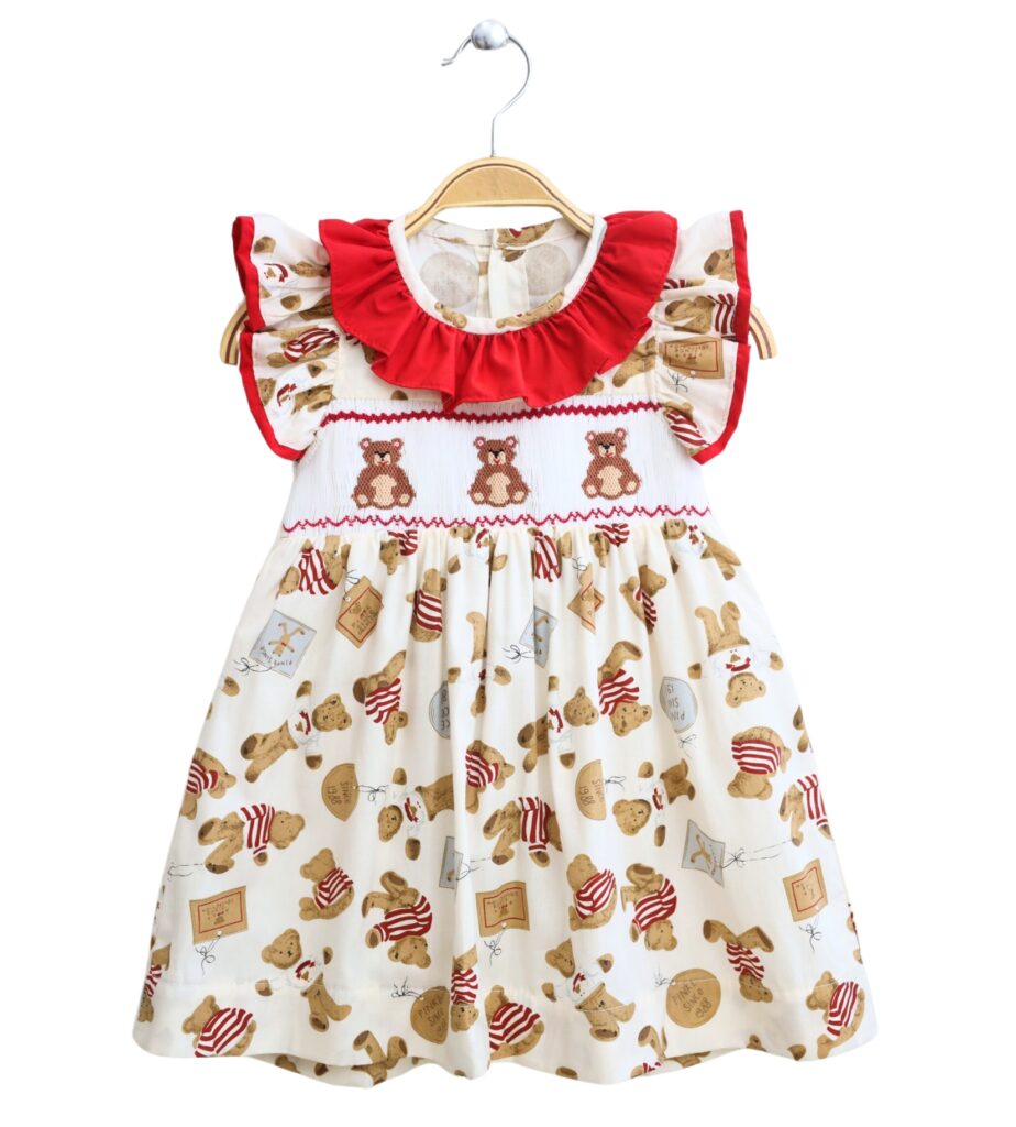Baby Girl Bear Print Smocking Bishop Dress