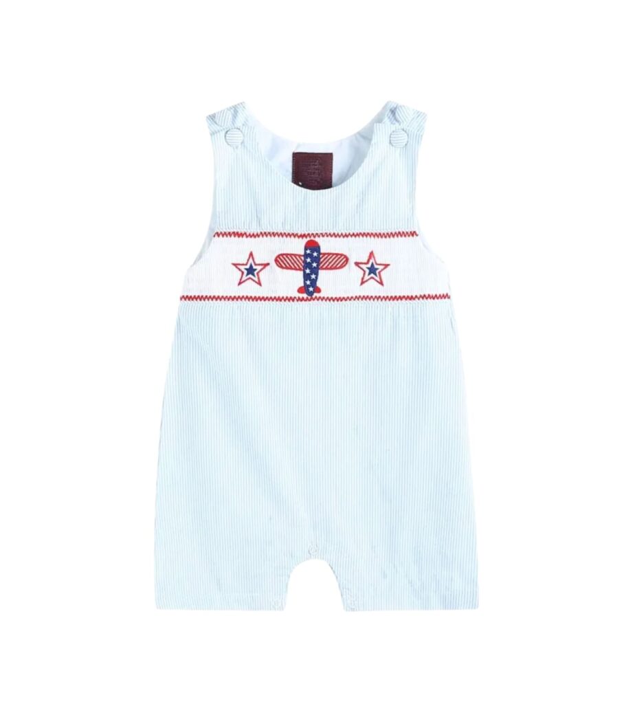 Smocked Romper Light Blue Seersucker Airplane