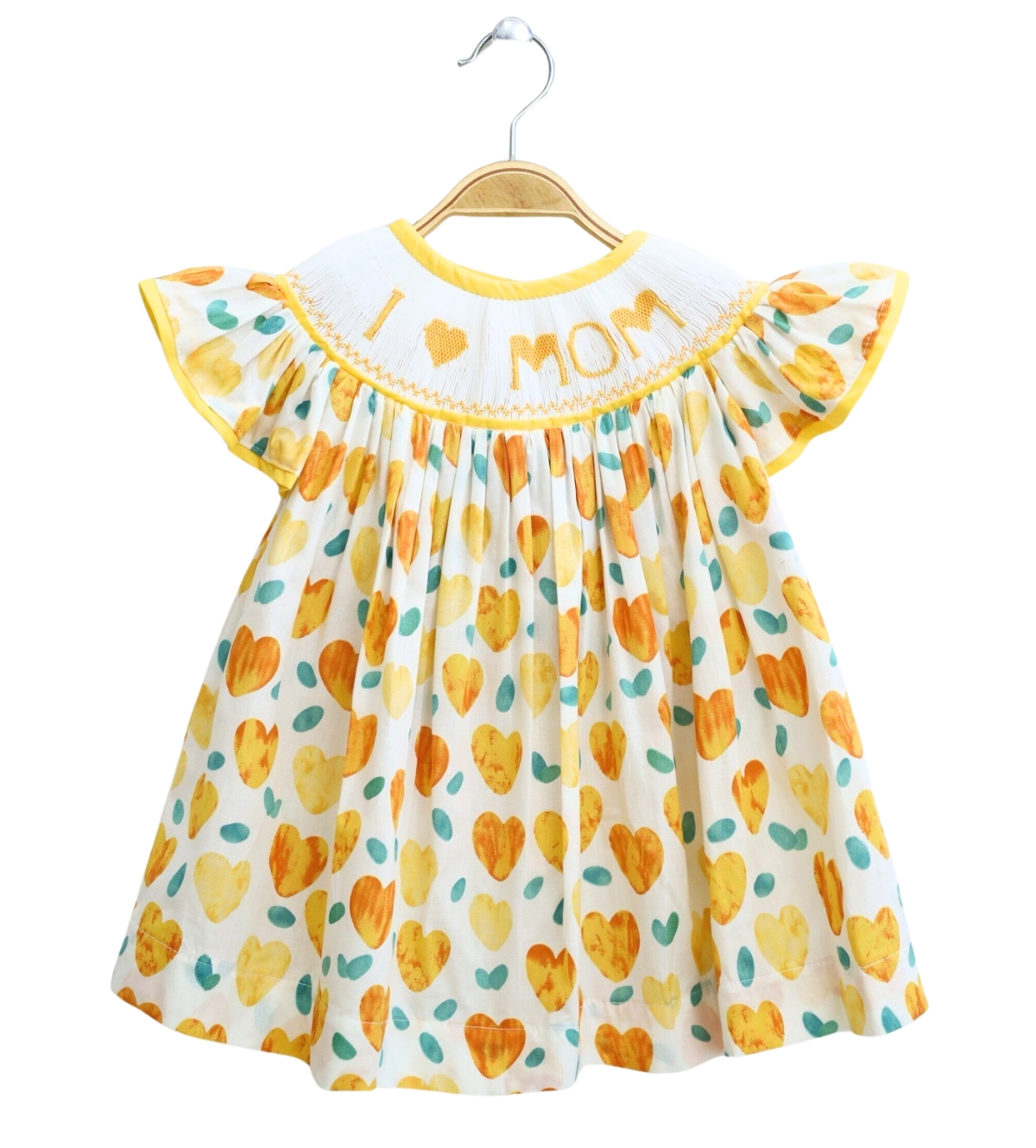 Yellow Smocking Dress With I Love Mom Pattern For Girls