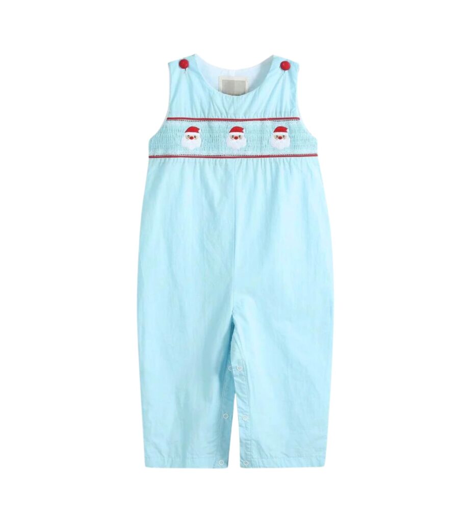 Smocked Romper Blue Santa Overalls Design