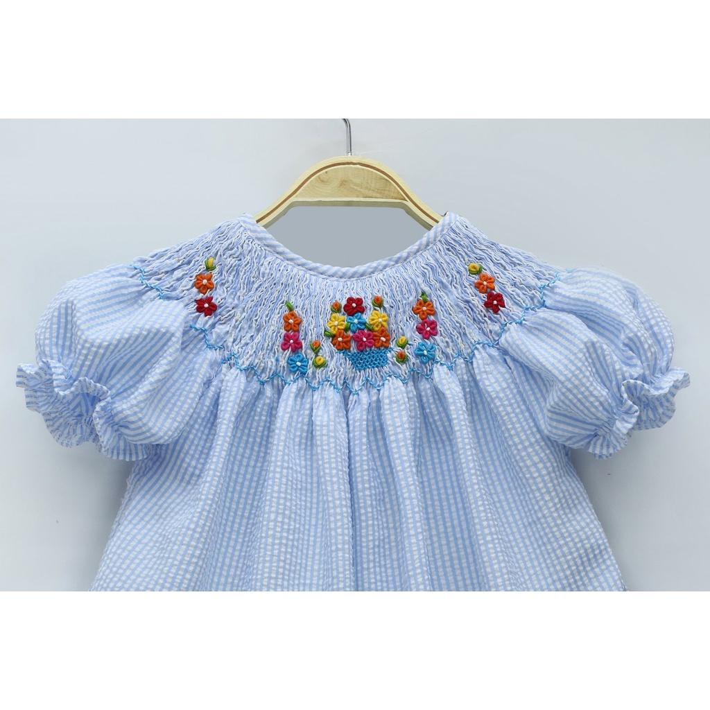 Blue Dress Embroidered With Small Flowers For Girls