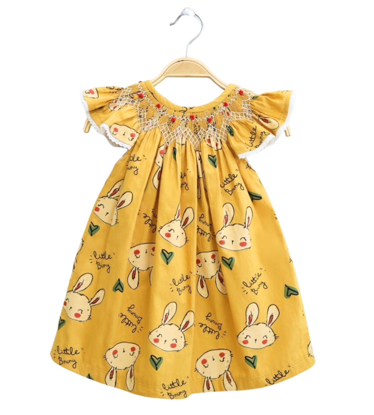 Yellow Smock Dress With Simple Rabbit Pattern