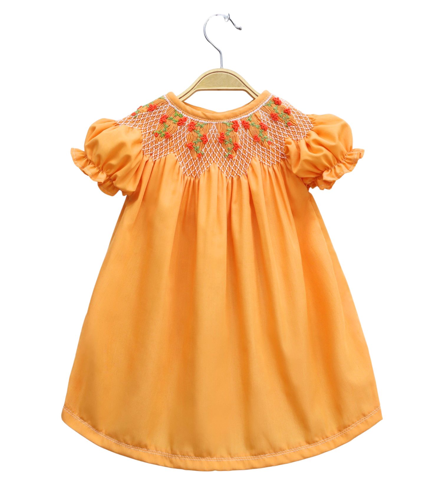 Orange Flower Smocking Dress For Girls