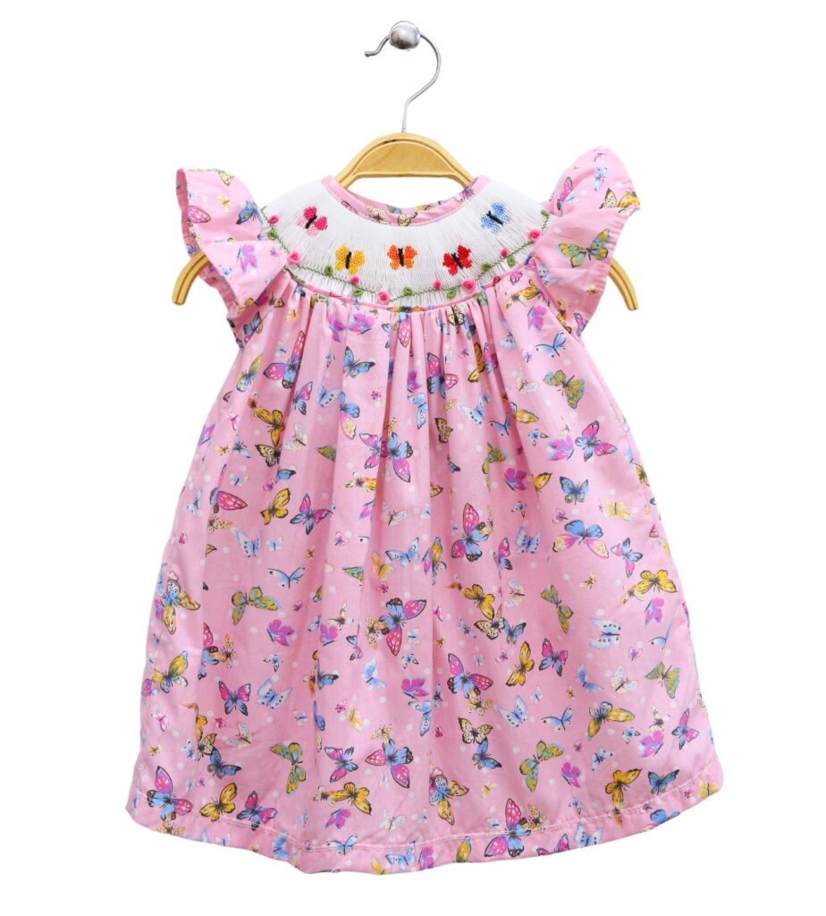 Pink Butterfly Smocking Dress For Girls