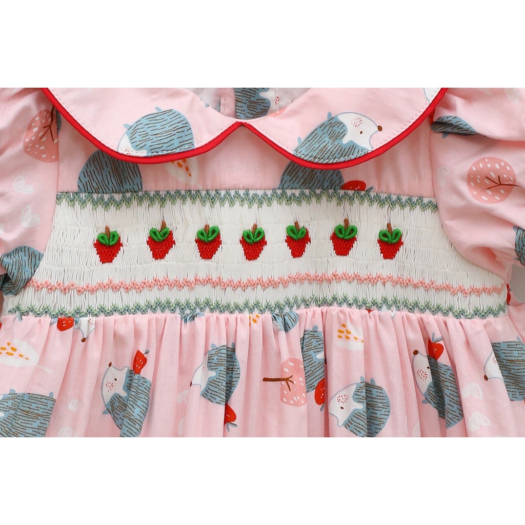 Hedgehog Pattern Dress With Hand Embroidered Roses