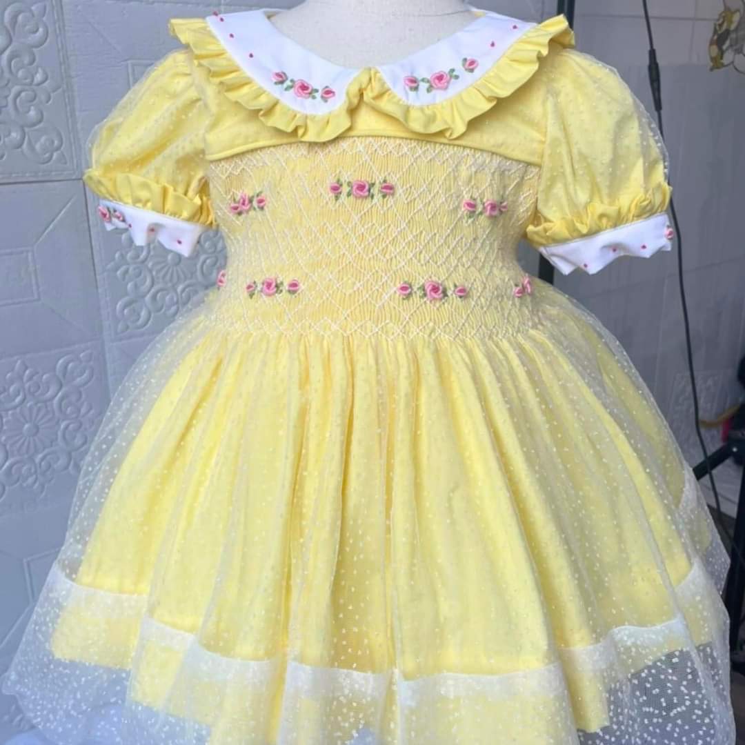 Classic Yellow & Ivory Hand Smocked Baby Girl Dress Collection
