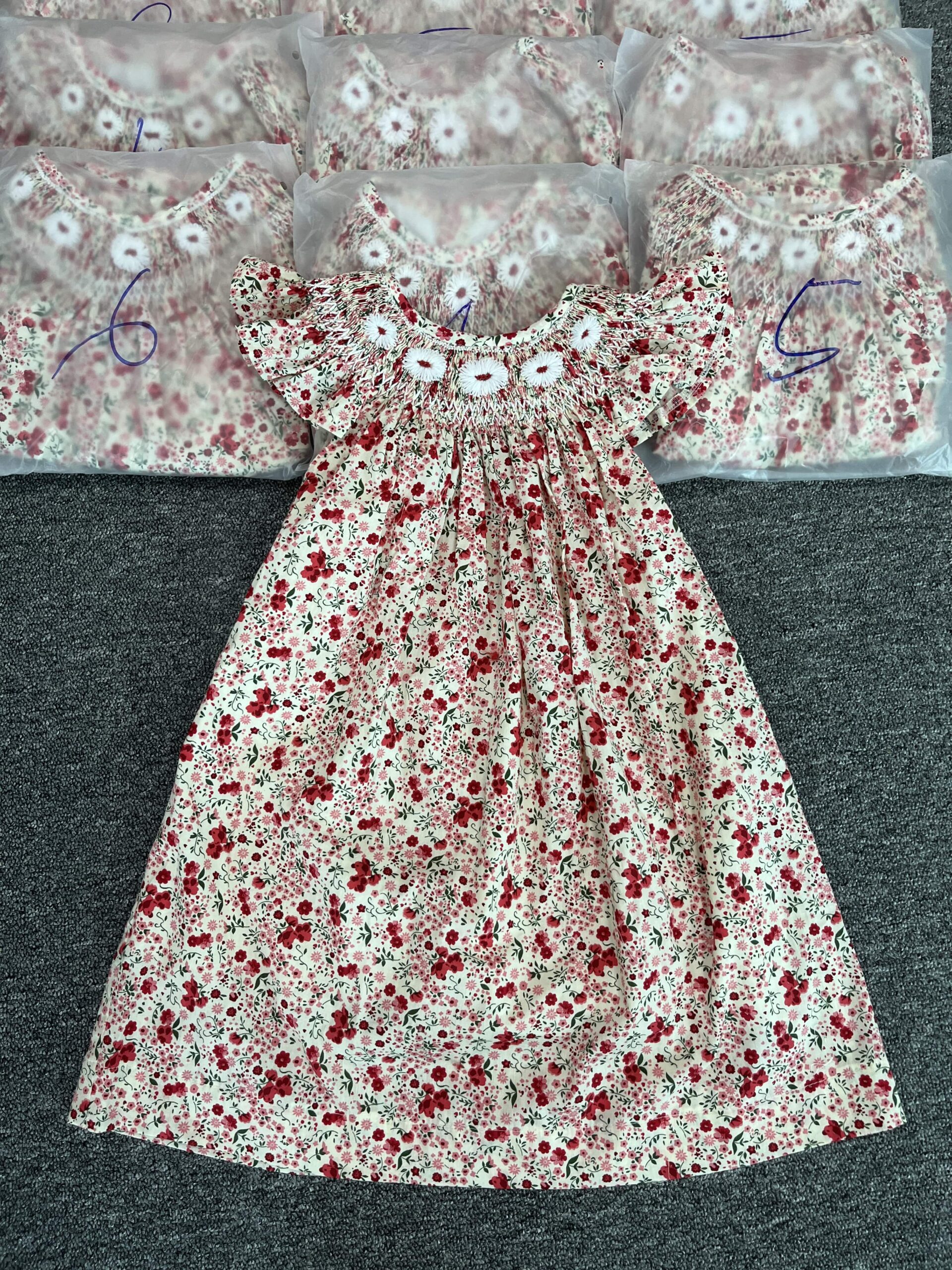 Baby Red And White Combination Flower Smocking Dress