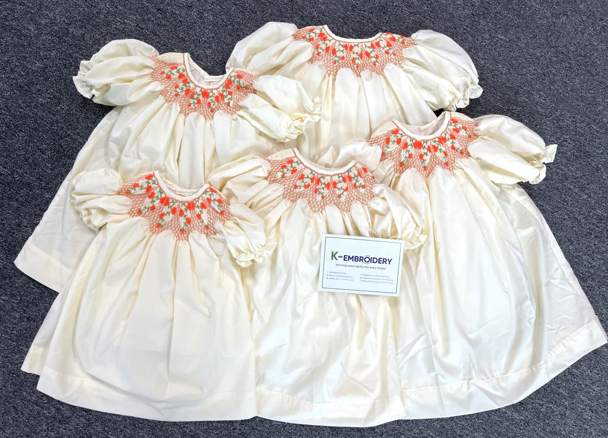 Cream Color Floral Print Smocking Baby Dress For Girls