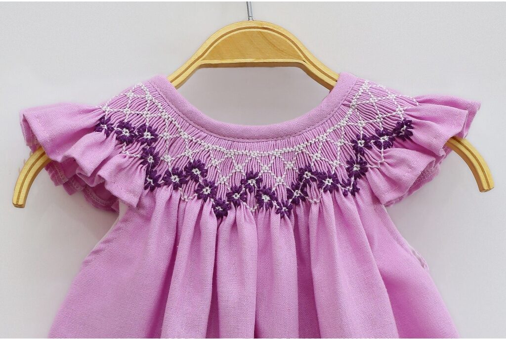 Simple Smock Embroidered Pink Dress For Girls