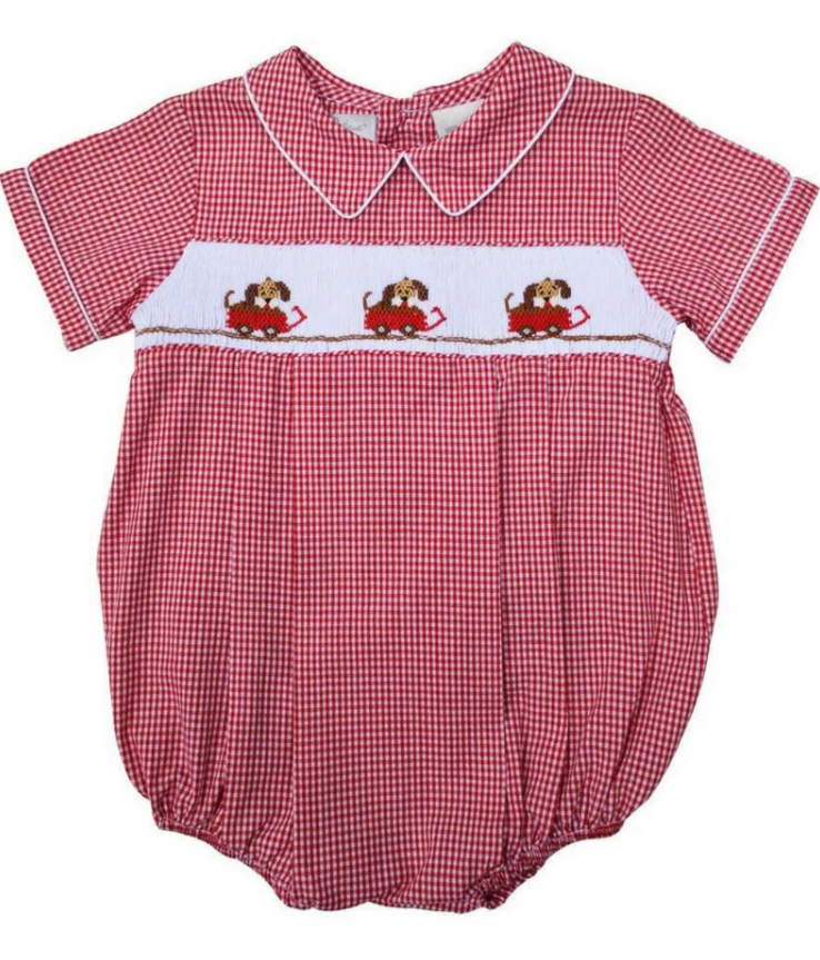 Baby Boys Hand Smocked Classic Creeper Red Dogs in Wagon SBS136