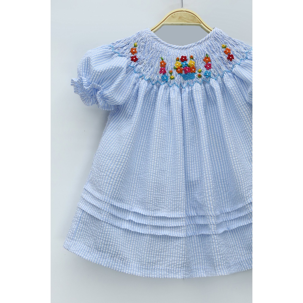 Blue Dress Embroidered With Small Flowers For Girls
