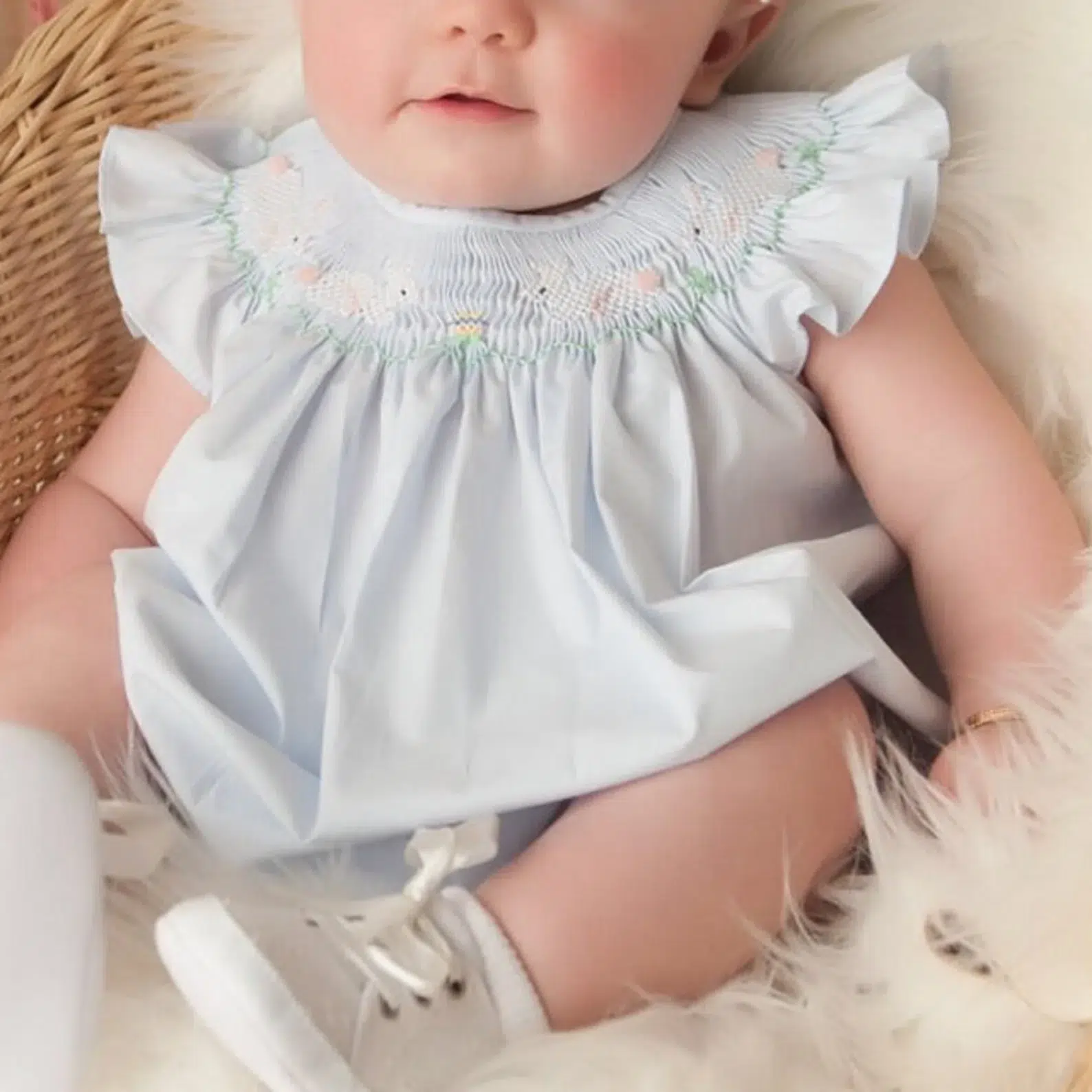 Baby Girl Smocked Bodysuit White Rabbit Pattern