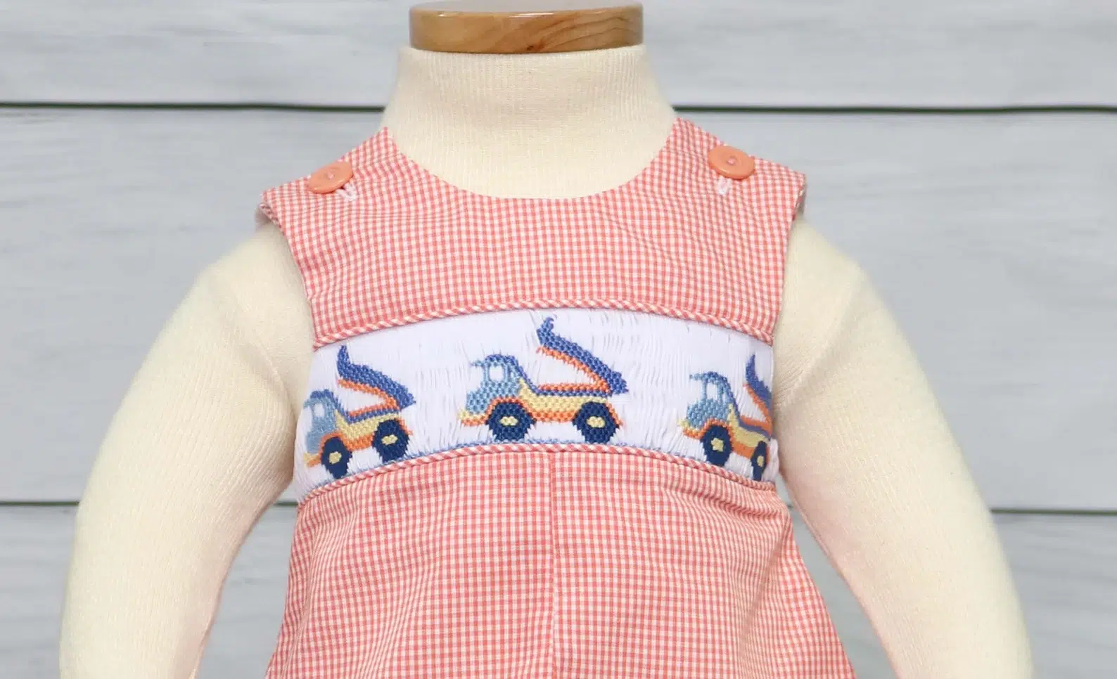 Baby Boy Smocked Bodysuit Construction Car Pattern