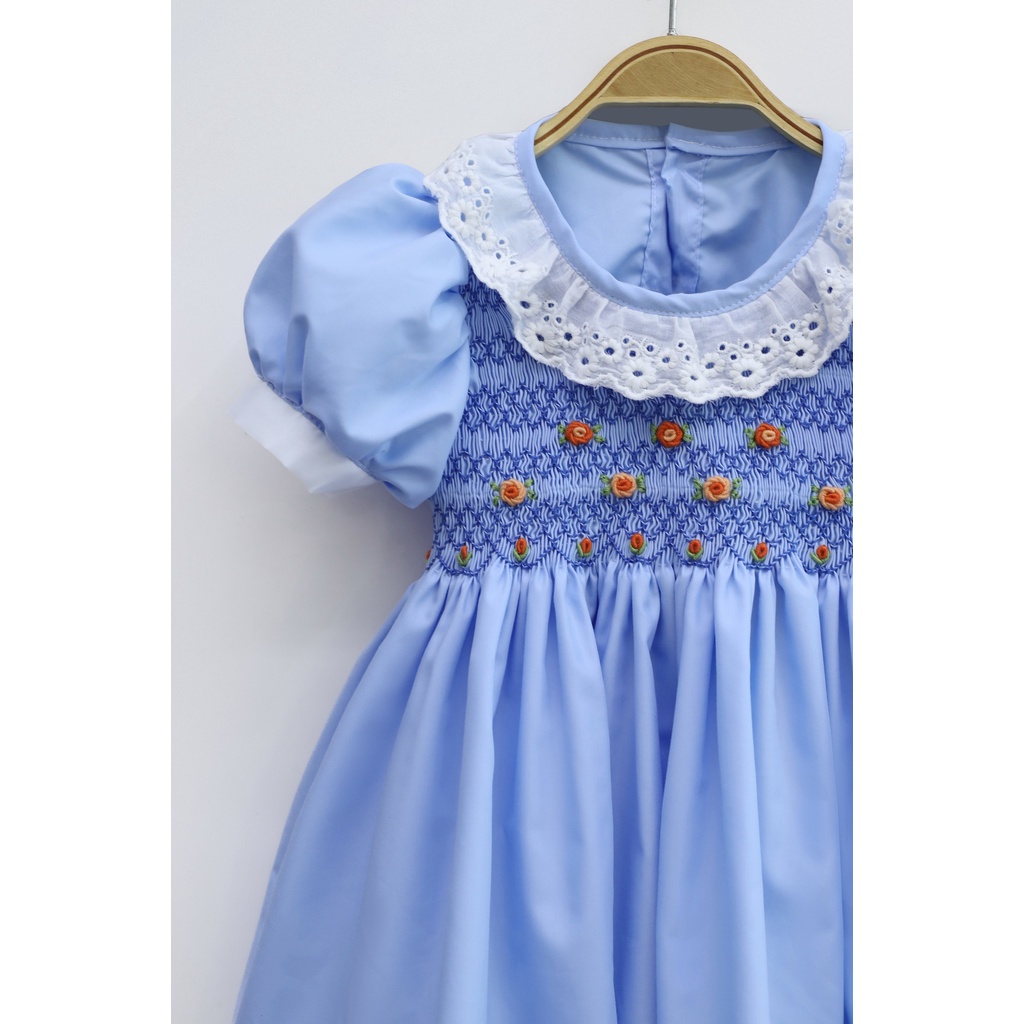 Blue Smocking Dress With Princess Sleeves For Girls