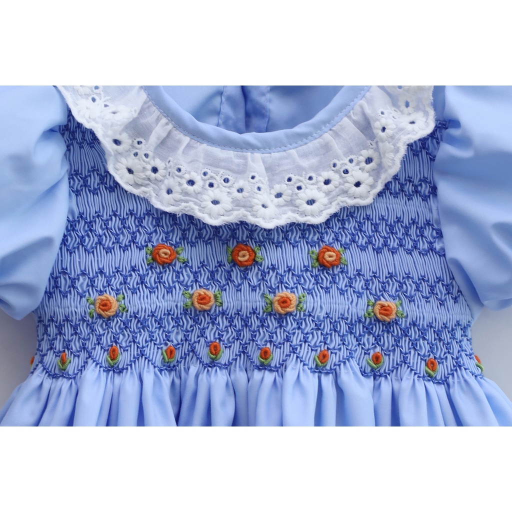 Blue Smocking Dress With Princess Sleeves For Girls