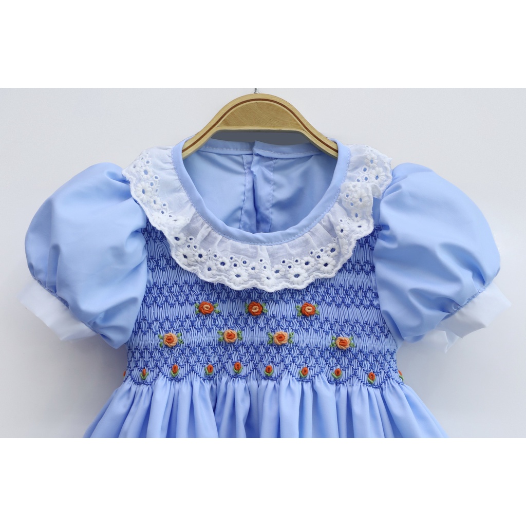 Blue Smocking Dress With Princess Sleeves For Girls