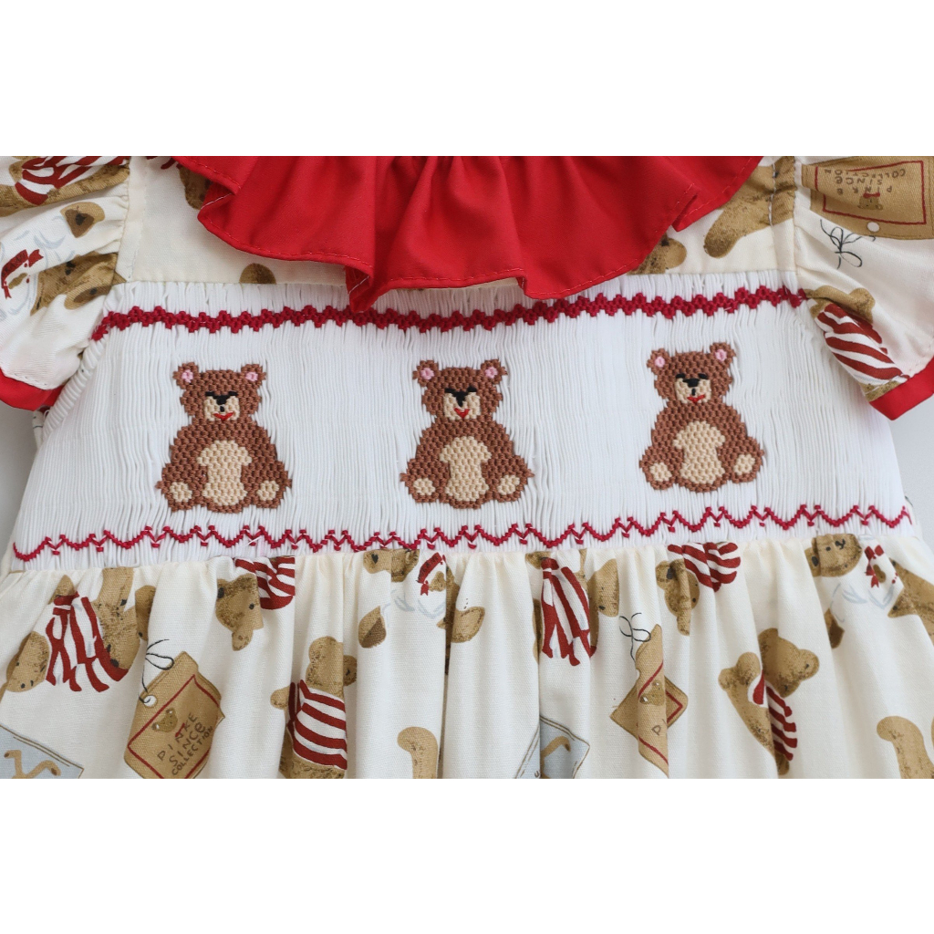 Baby Girl Bear Print Smocking Bishop Dress