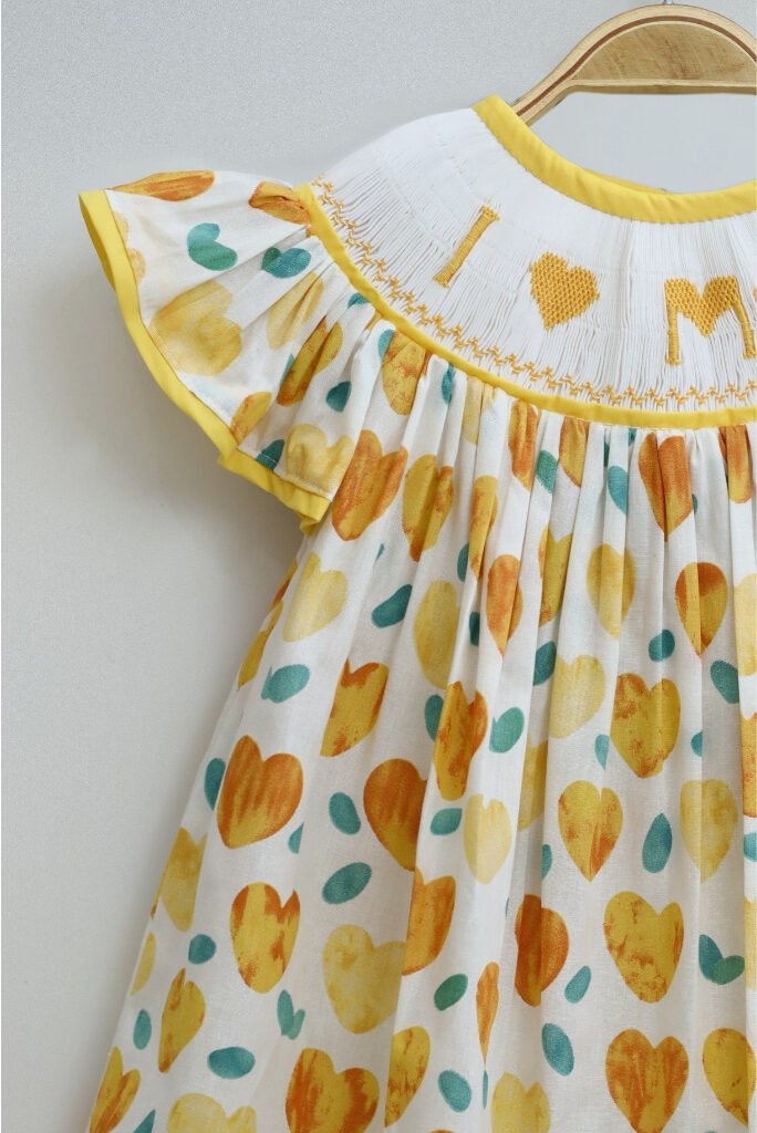 Yellow Smocking Dress With I Love Mom Pattern For Girls