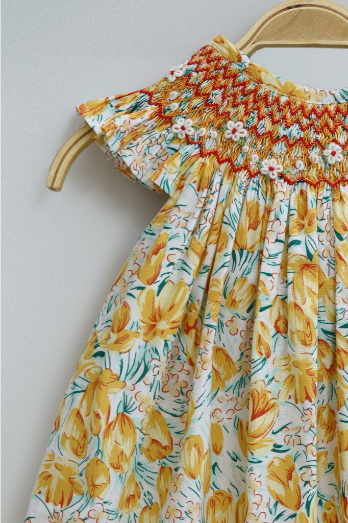 Yellow Smocking Dress With Floral Pattern For Baby