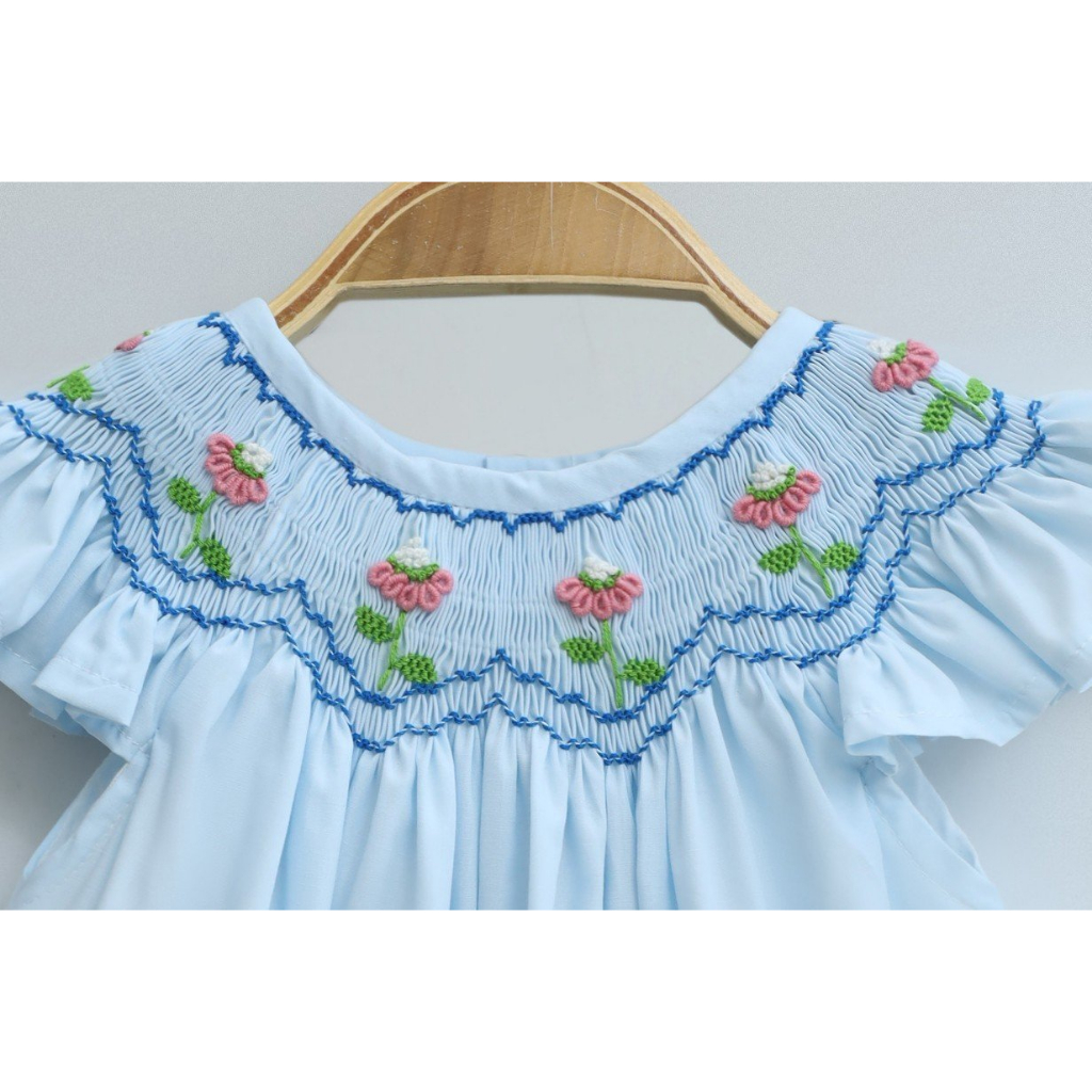 Blue Dress With Hand Embroidered Roses