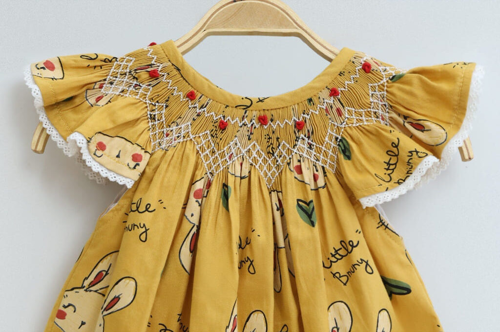 Yellow Smock Dress With Simple Rabbit Pattern