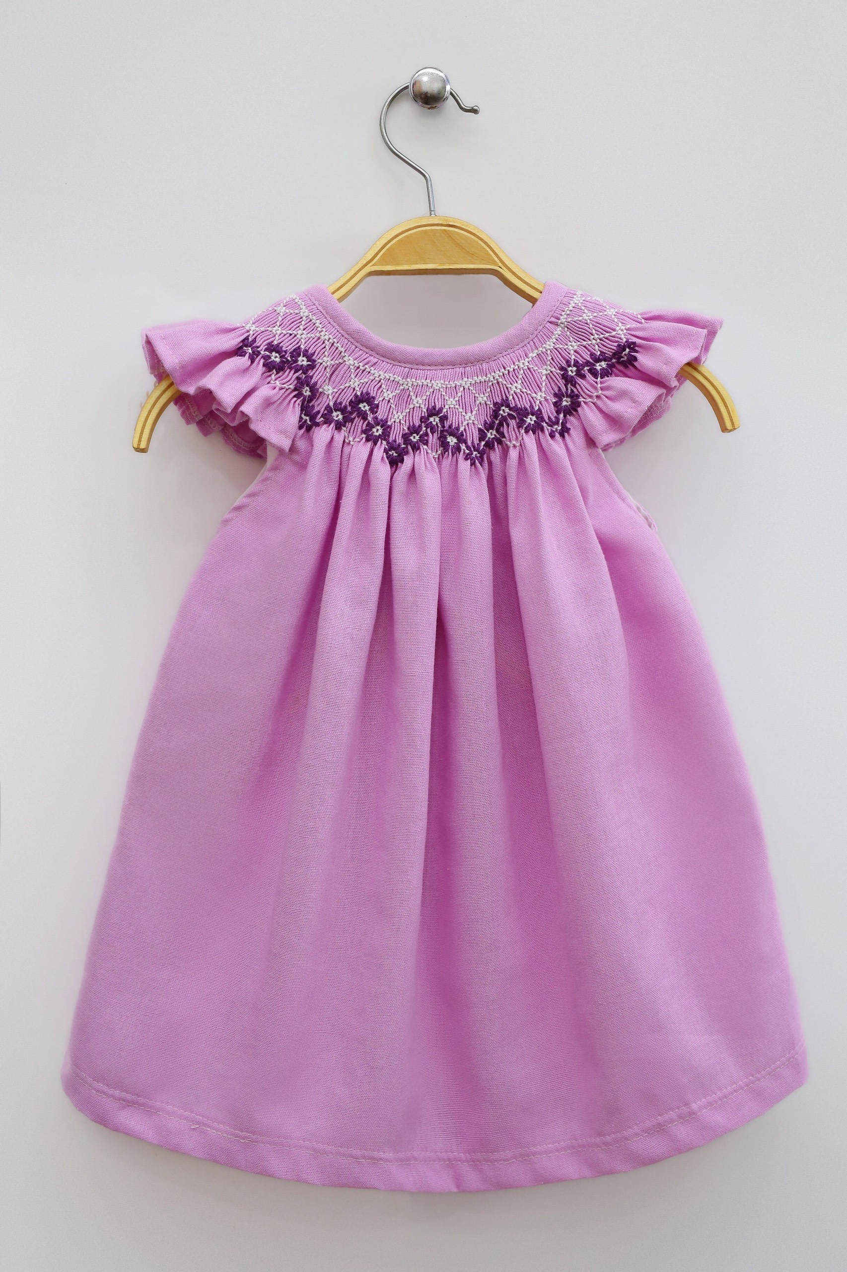 Simple Smock Embroidered Pink Dress For Girls