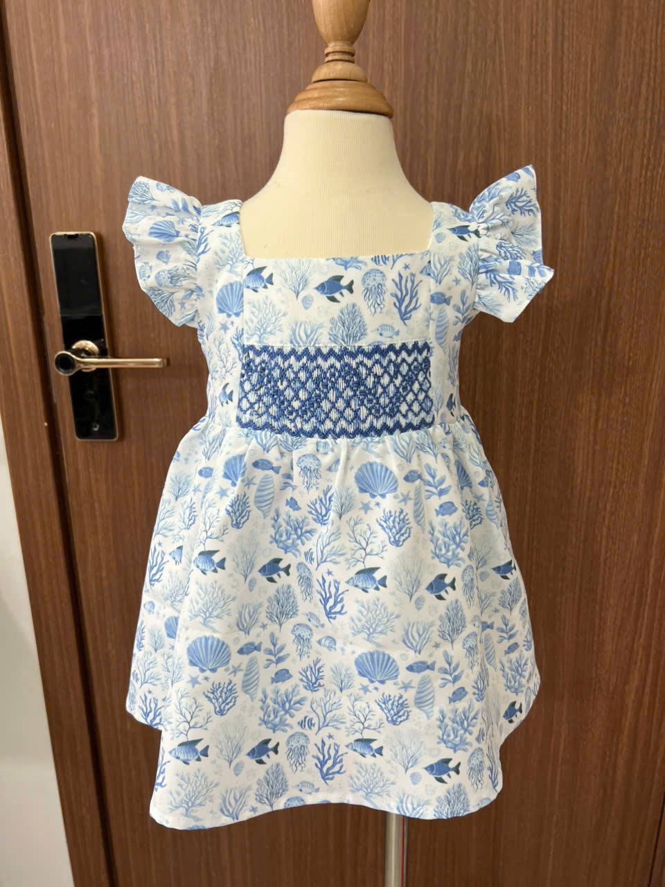 Seashell Print Hand Smocked Baby Girl Dress