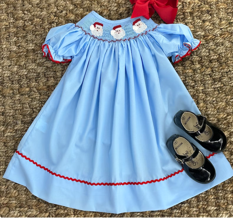 BLUE DRESS WITH SMOCKED SANTA CLAUS
