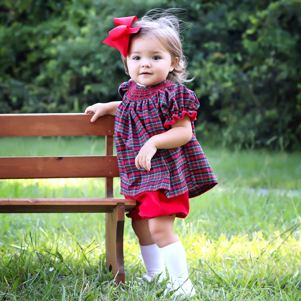 CHRISTMAS EVE PLAID SMOCKED BLOOMER SET