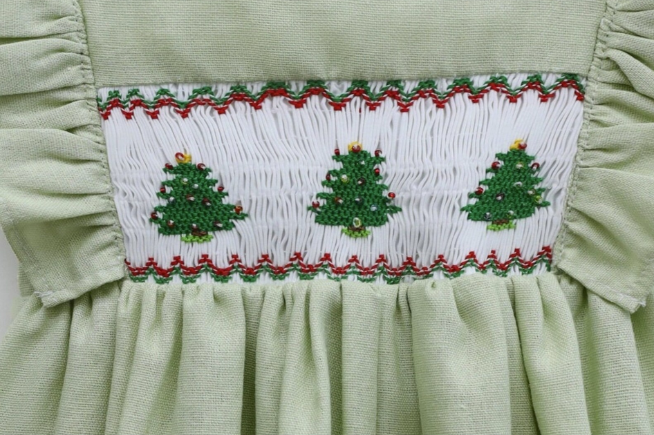 GREEN DRESS WITH SMOCKED PINE TREES