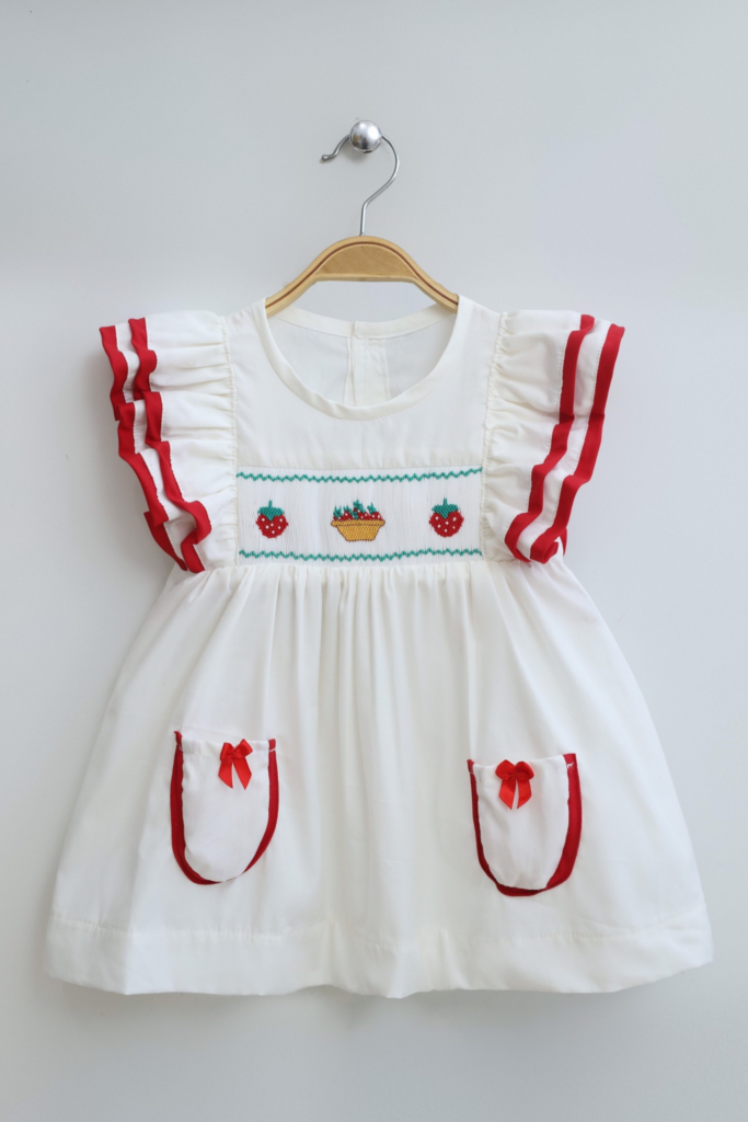 HAND EMBROIDERED WHITE DRESS WITH STRAWBERRY