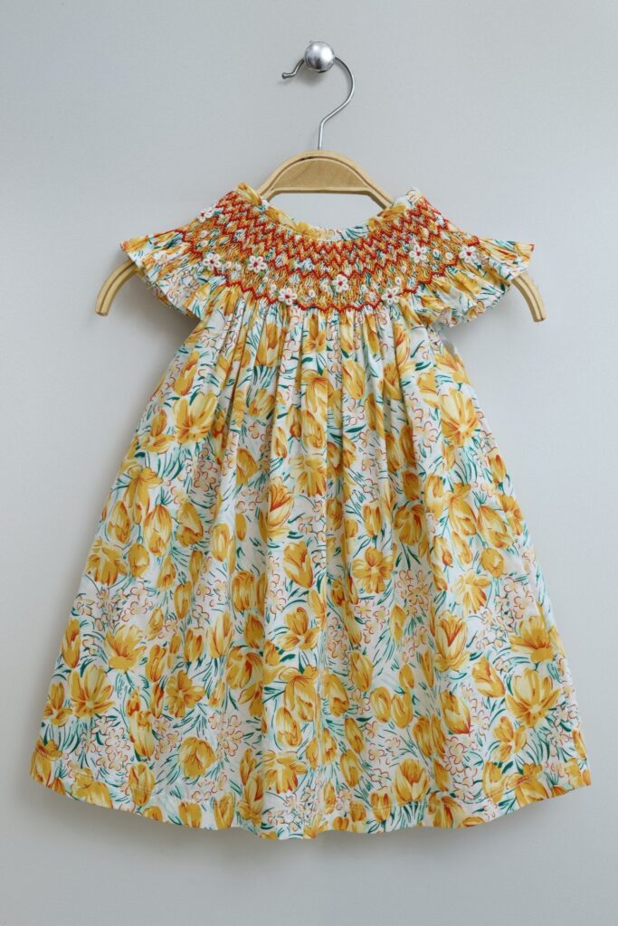 Yellow Smocking Dress With Floral Pattern For Baby