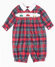 LONG SLEEVES RED SMOCKED ROMPER WITH CARS DECORATION