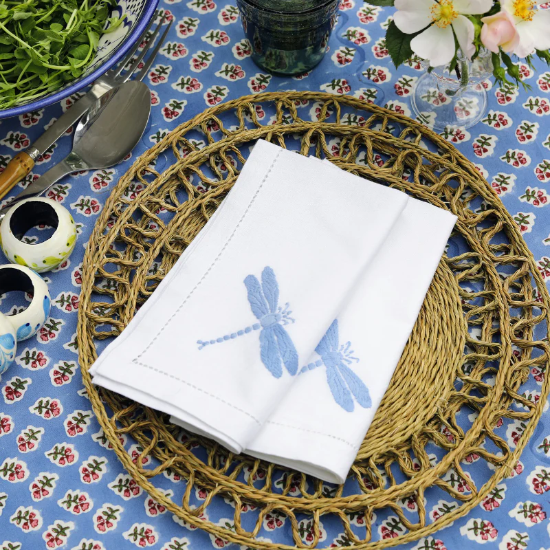 Hand Embroidered Blue Dragonfly Napkin