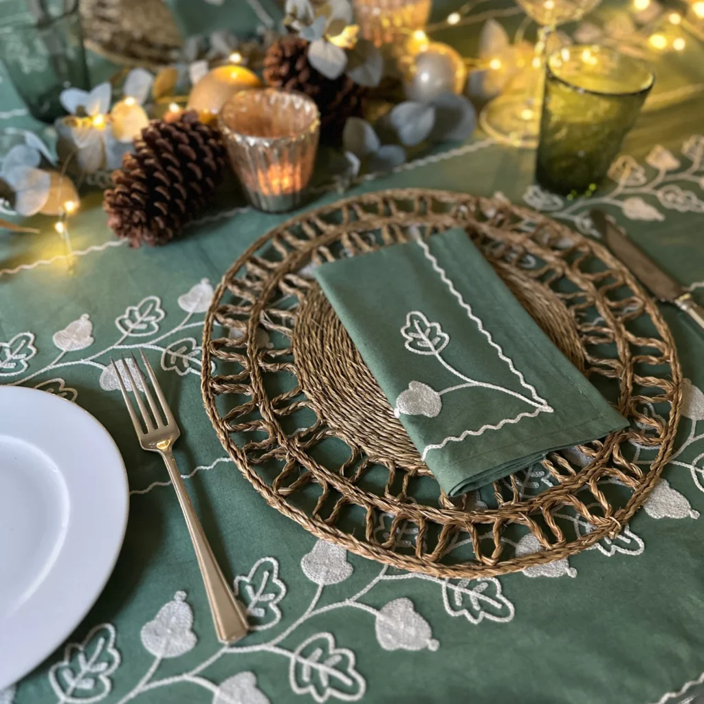 Green Acorn Hand Embroidered Tablecloth