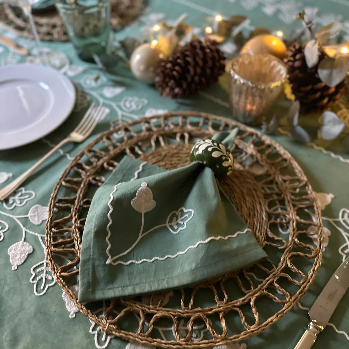 Green Acorn Hand Embroidered Tablecloth