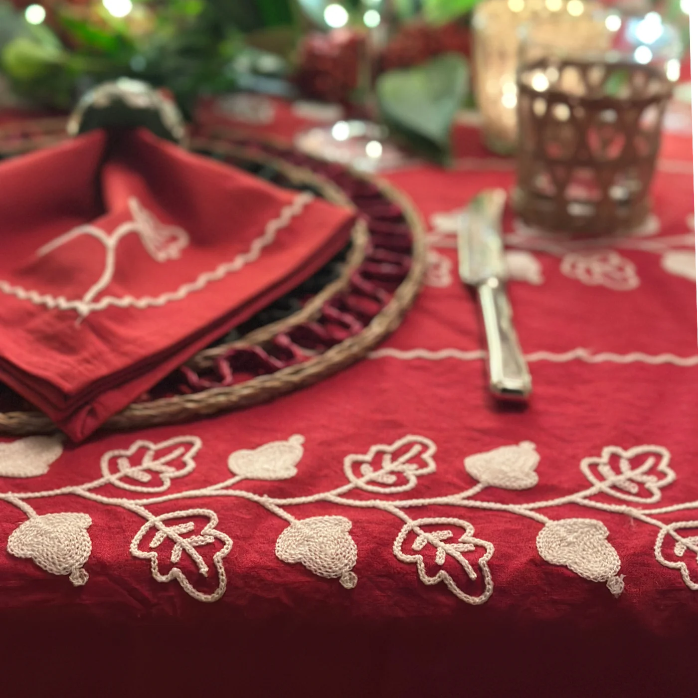 Red Acorn Hand Embroidered Tablecloth