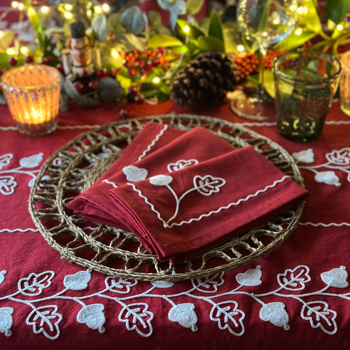 Red Acorn Hand Embroidered Tablecloth