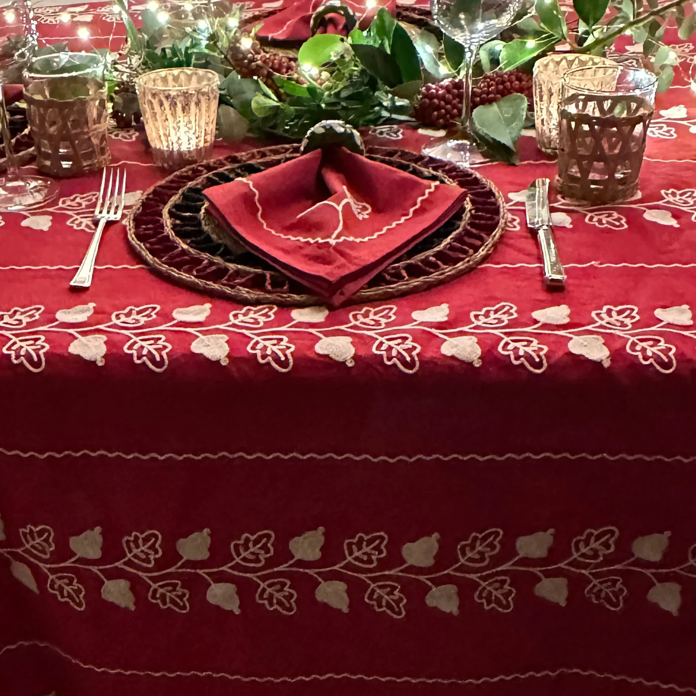 Red Acorn Hand Embroidered Tablecloth