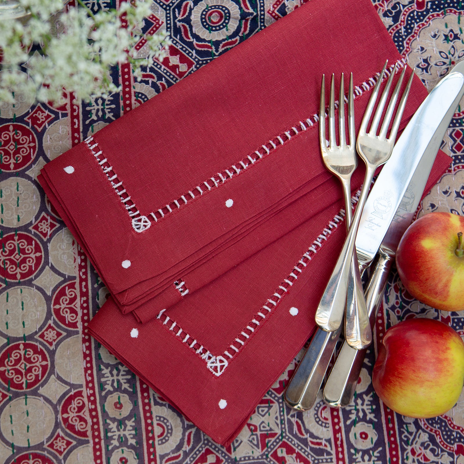 Hand Embroidered Red Linen Dot Napkin