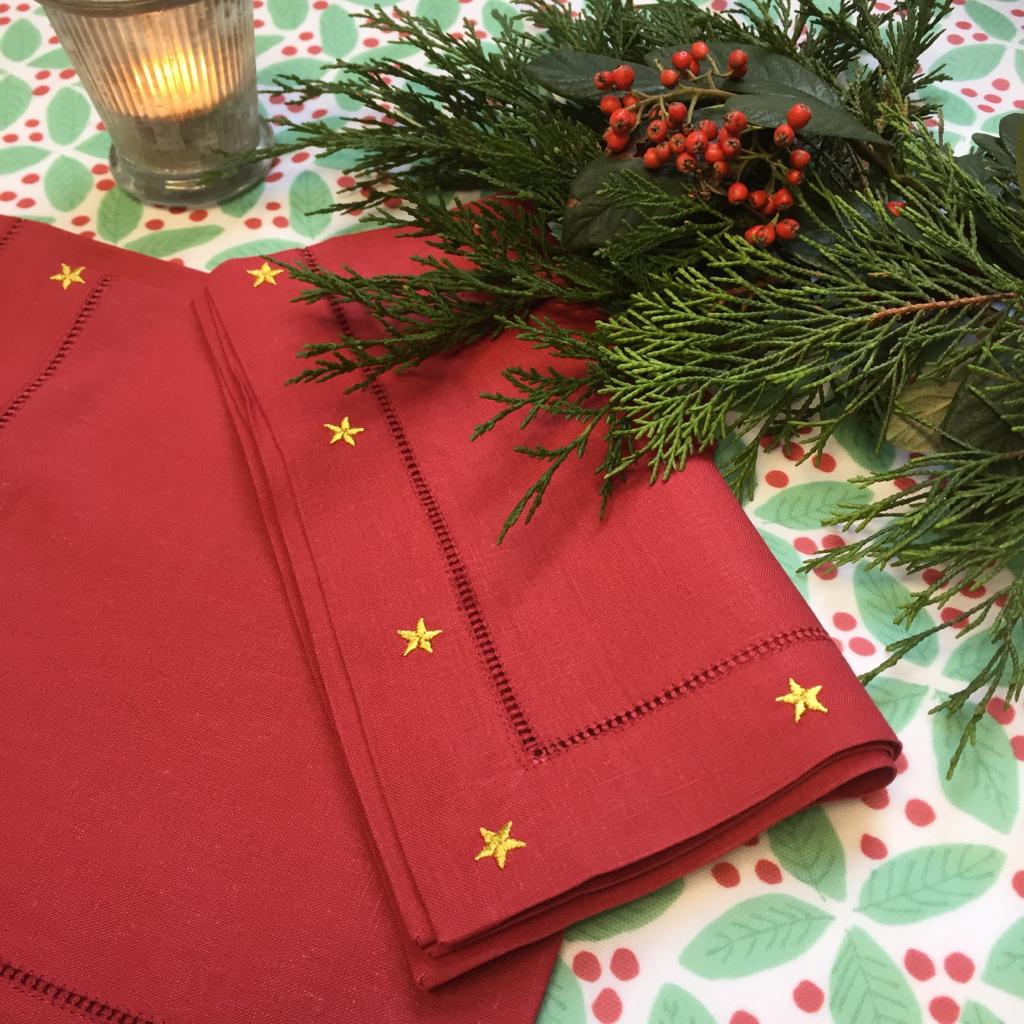 Hand Embroidered Red Linen Star Napkins
