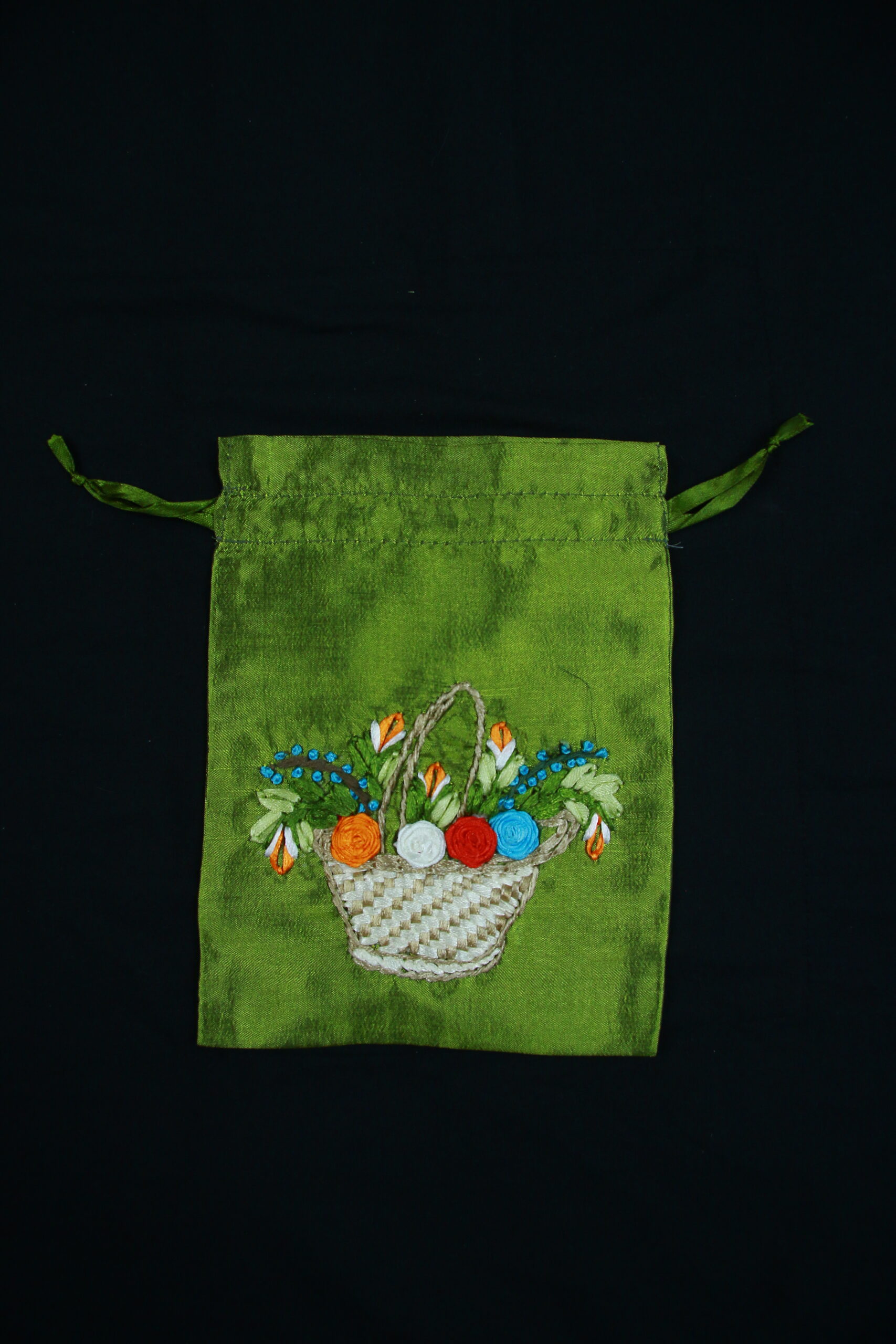 Rose Basket Pouch Hand Embroidered Size M