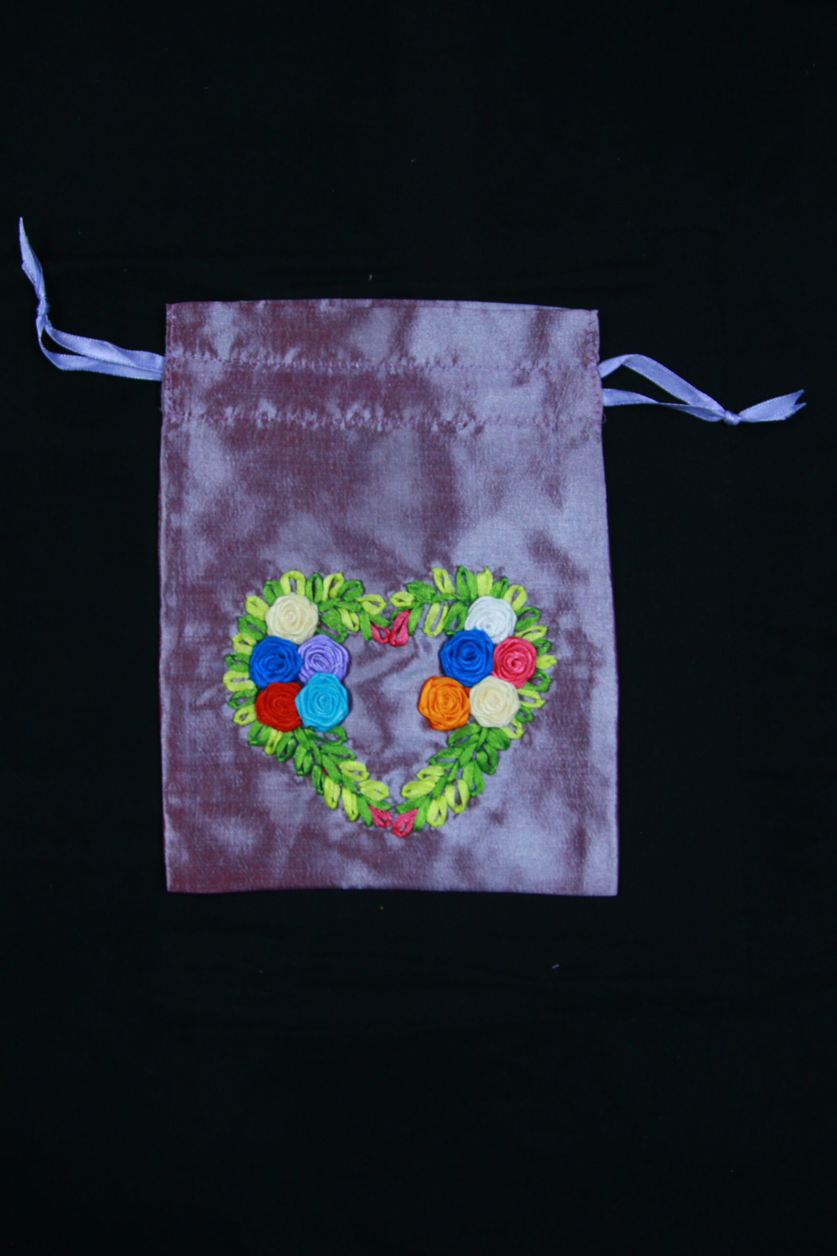 Heart Flower Pouch Hand Embroidered Size M