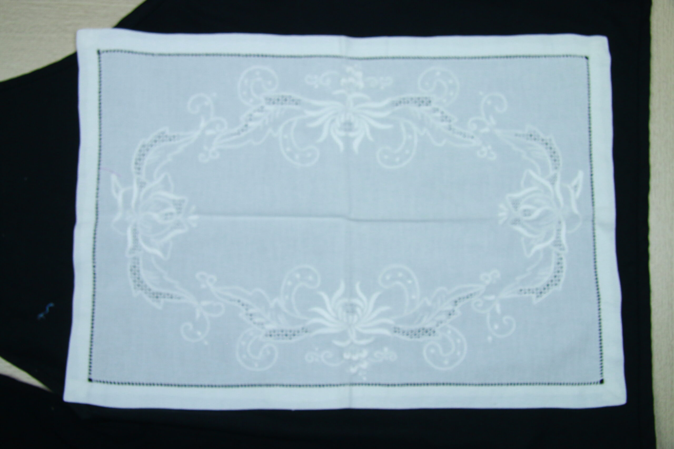 Hand Embroidered Tablecloth With White Floral Lace Border
