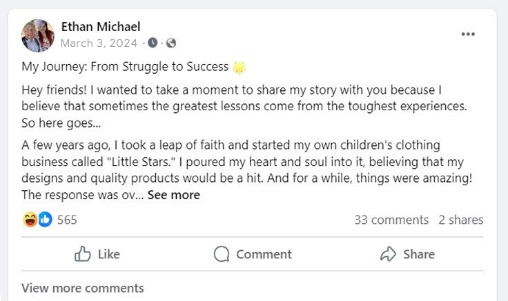 Facebook post of Ethan